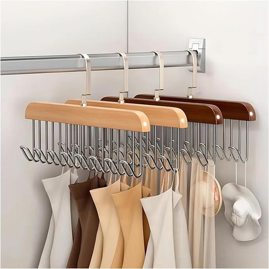 8 Hooks Wooden Clothes Hanger with Tie Rack & 360° Rotating Belt Hanger