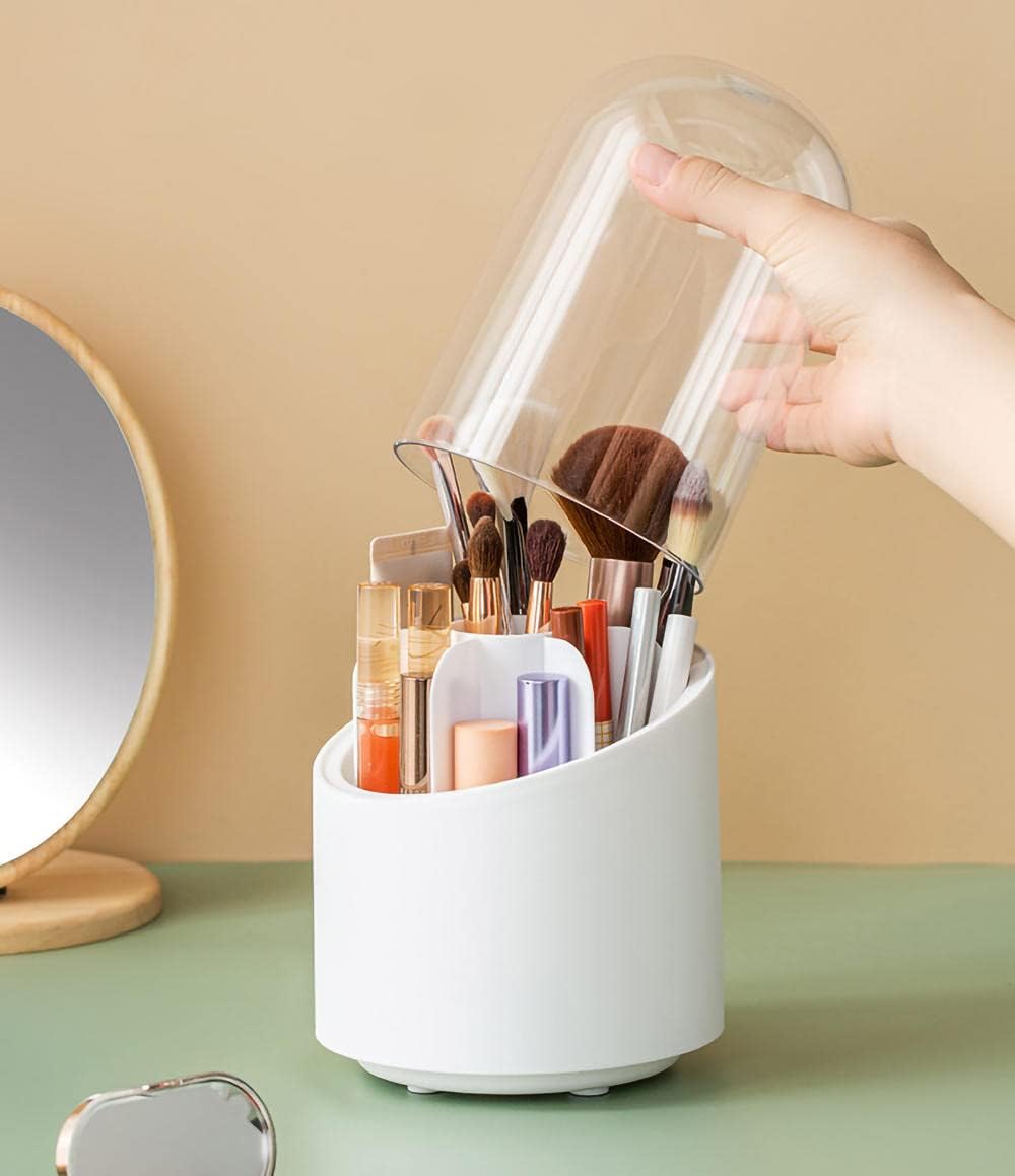 Rotating Makeup Brush Holder – Dust-Proof Plastic Organizer for Brushes, Lipsticks & Pencils