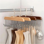 8 Hooks Wooden Clothes Hanger with Tie Rack & 360° Rotating Belt Hanger