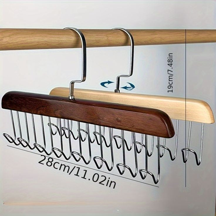 8 Hooks Wooden Clothes Hanger with Tie Rack & 360° Rotating Belt Hanger