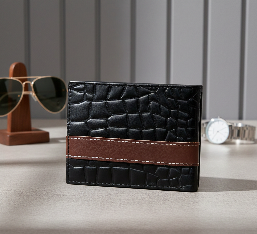 Men's Croc-Texture Cow Leather Wallet – Black with Maroon Strip Bifold