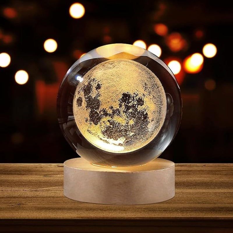 3D Galaxy Crystal Ball Lamp – Wooden LED Base Decorative Moon Night Light