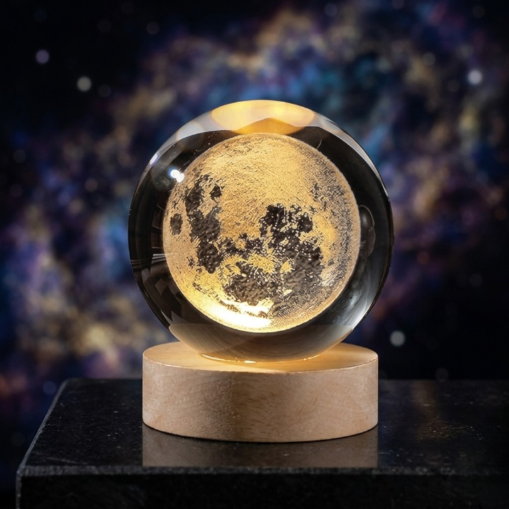 3D Galaxy Crystal Ball Lamp – Wooden LED Base Decorative Moon Night Light