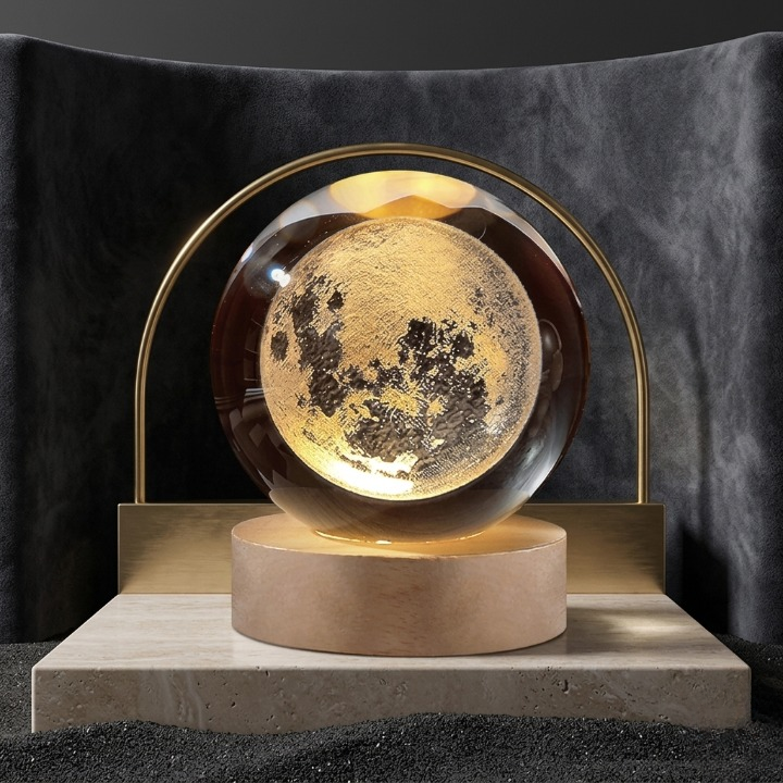 3D Galaxy Crystal Ball Lamp – Wooden LED Base Decorative Moon Night Light