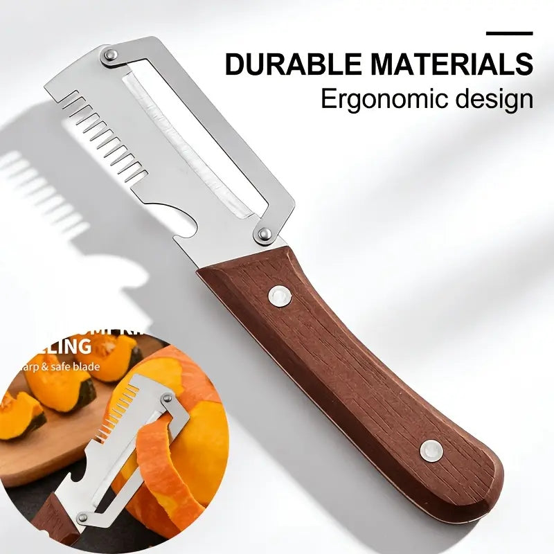 3-in-1 Stainless Steel Peeler Knife – Multifunctional Fruit & Vegetable Peeler with Wooden Handle & Bottle Opener