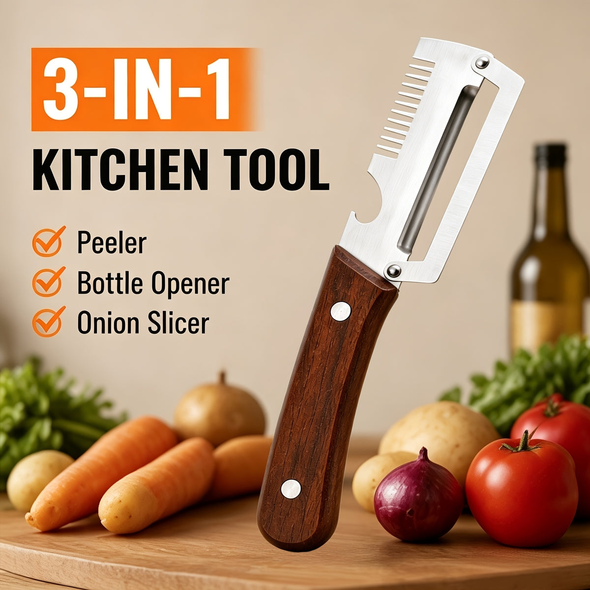 3-in-1 Stainless Steel Peeler Knife – Multifunctional Fruit & Vegetable Peeler with Wooden Handle & Bottle Opener