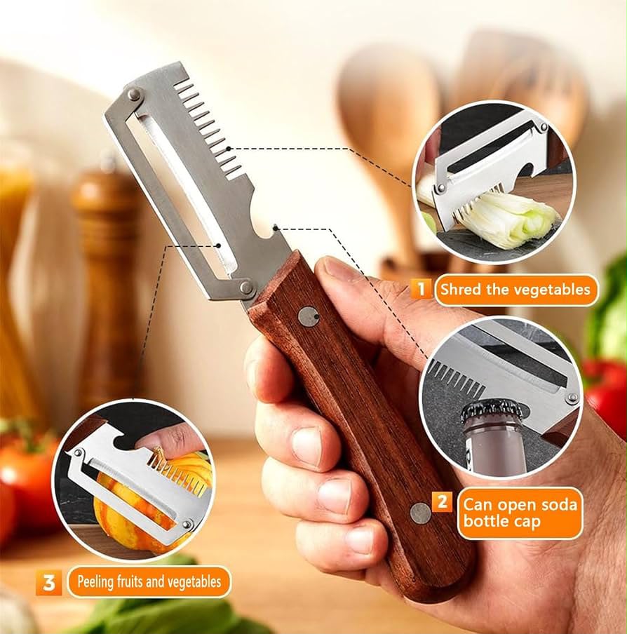 3-in-1 Stainless Steel Peeler Knife – Multifunctional Fruit & Vegetable Peeler with Wooden Handle & Bottle Opener