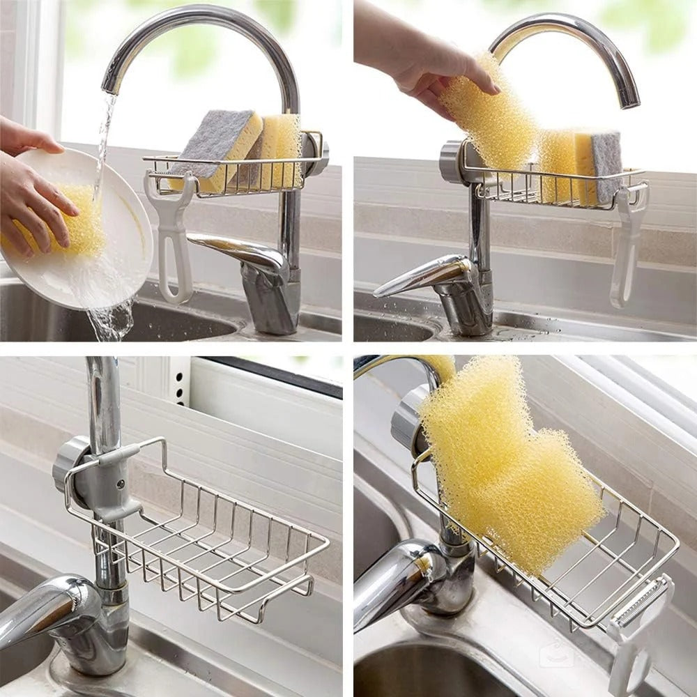 Stainless Steel Sink Faucet Organizer – Sponge Holder & Soap Rack for Kitchen Sink