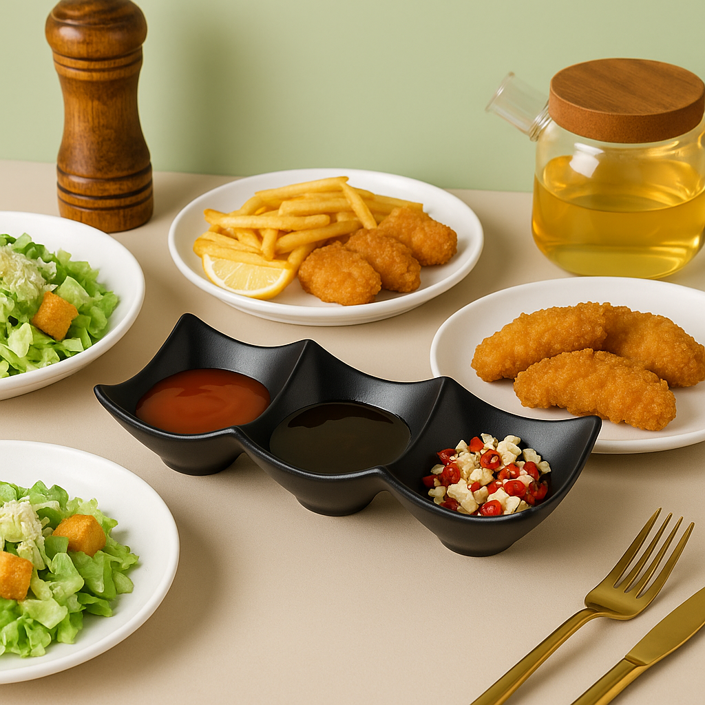 3-Grid Japanese Dip Sauce Tray – Multi-Section Condiment Dish for Dips & Sushi