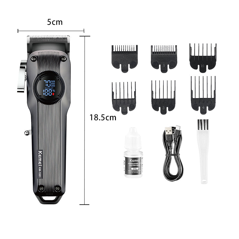 KEMEI Model 1551 Professional Men's Hair Clipper – Stainless Steel Blades with LCD Display (USB Rechargeable, 2000mAh)