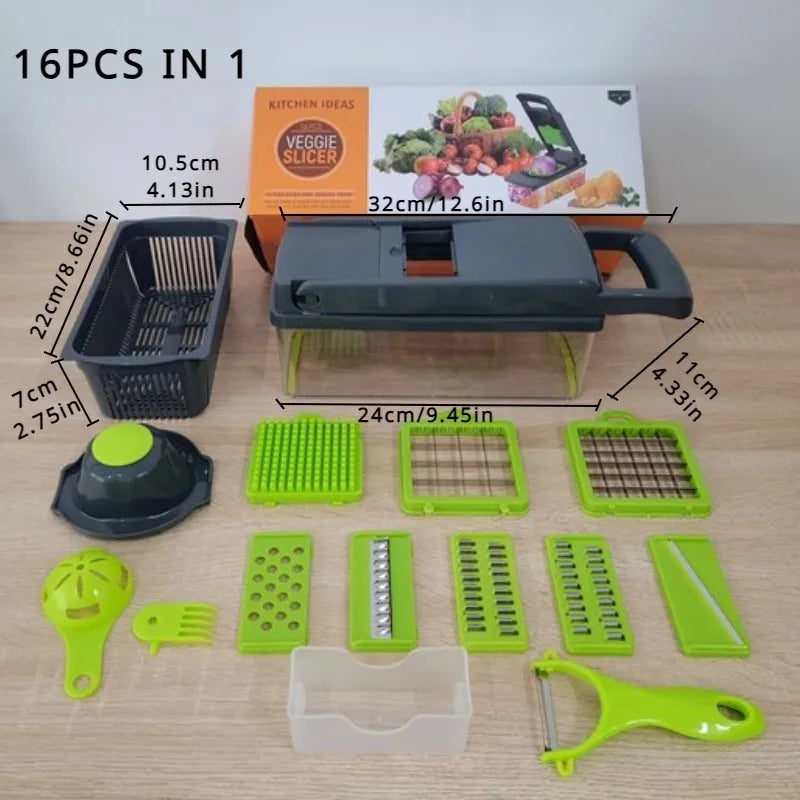 Vegetable Chopper 16 Pcs Set – Multi-Functional Manual Food Chopper & Slicer