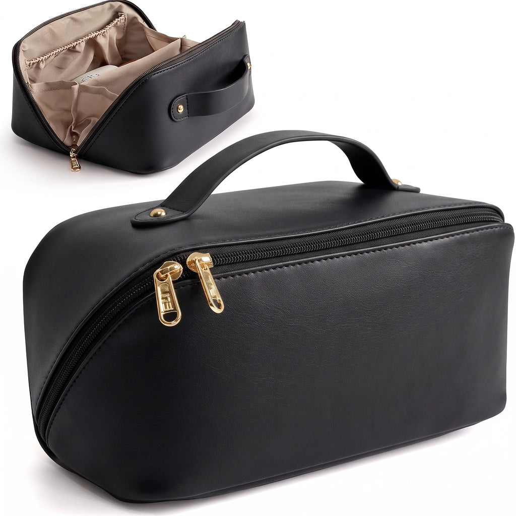 Large Capacity Travel Cosmetic Bag – Leather Makeup & Toiletry Organizer