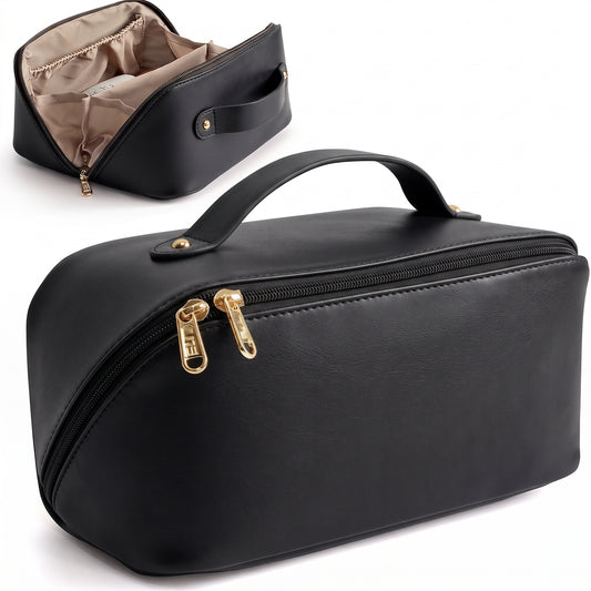 Large Capacity Travel Cosmetic Bag – Leather Makeup & Toiletry Organizer