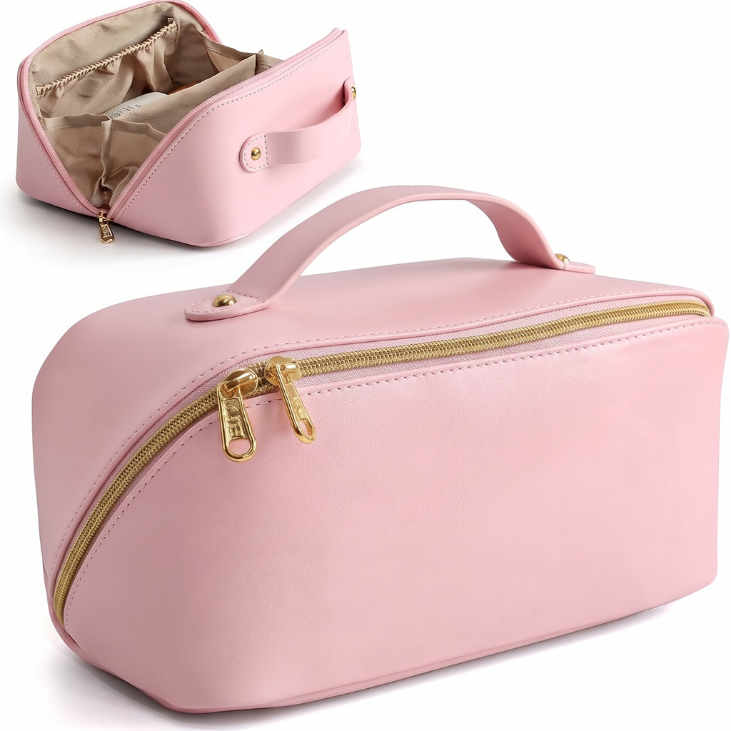 Large Capacity Travel Cosmetic Bag – Leather Makeup & Toiletry Organizer